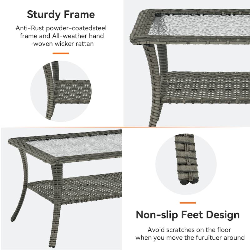 Outdoor Coffee Table with Tempered Glass Top -Grey