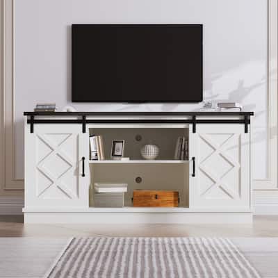 Farmhouse TV Stand wih Storage, 58" Entertainment Center with Sliding Barn Door, Height Adjustable Shelves