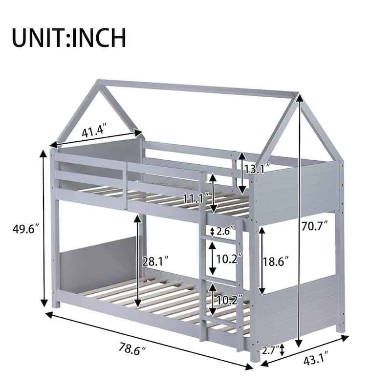 Twin over Twin Floor Bunk Bed,Rubber Wood House Shaped Bunk Bedframe