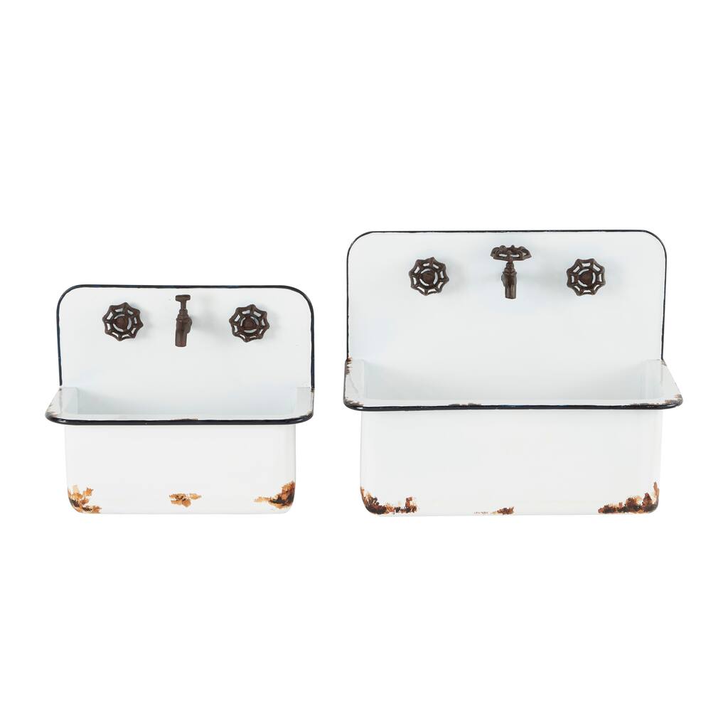Metal Indoor Outdoor Sink Wall Planter with Bronze Hardware and Distressed Accents - Set of 2 White - Roche River Decor