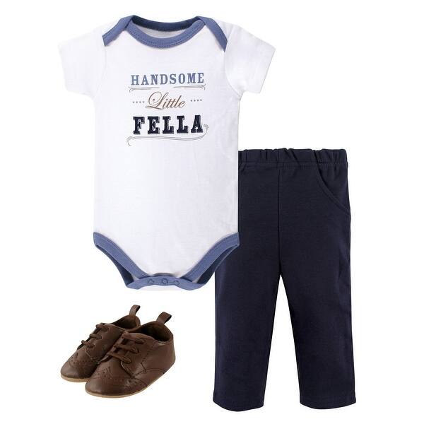 slide 1 of 1, Little Treasure Baby Boy Cotton Bodysuit, Pant and Shoe 3pc Set, Handsome Fella Short-Sleeve 0-3 Months - Handsome Fella Short-Sleeve