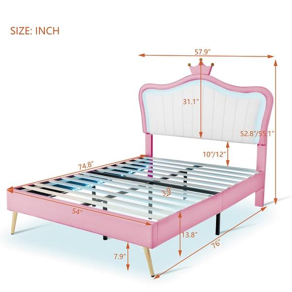 Full Size Princess Bed,Upholstered LED Bed Frame With Crown Headboard ...