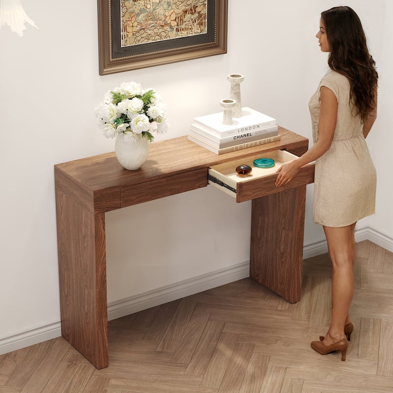 50-Inch Wood Grain Bar Table – Dual Drawers, Multi-Functional as Desk or Bar Counter.