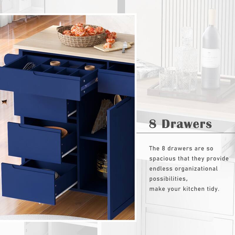 Kitchen Island with 8 Handle-Free Drawers, Rubber Wood Top, Flatware Organizer & 5 Wheels for Storage & Organization