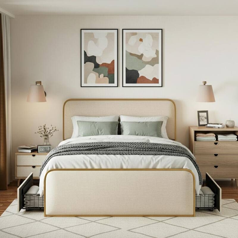Modern Metal Platform Bed with Curved Upholstered Headboard by Harper&Bright Designs - King - Beige+Gold