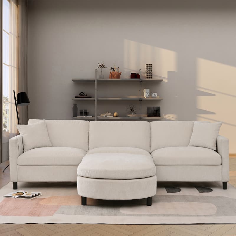 Beige Sectional Sofa, 107.87" with Ottoman, Removable Cushions, and Armrest Pockets - Reversible - Beige