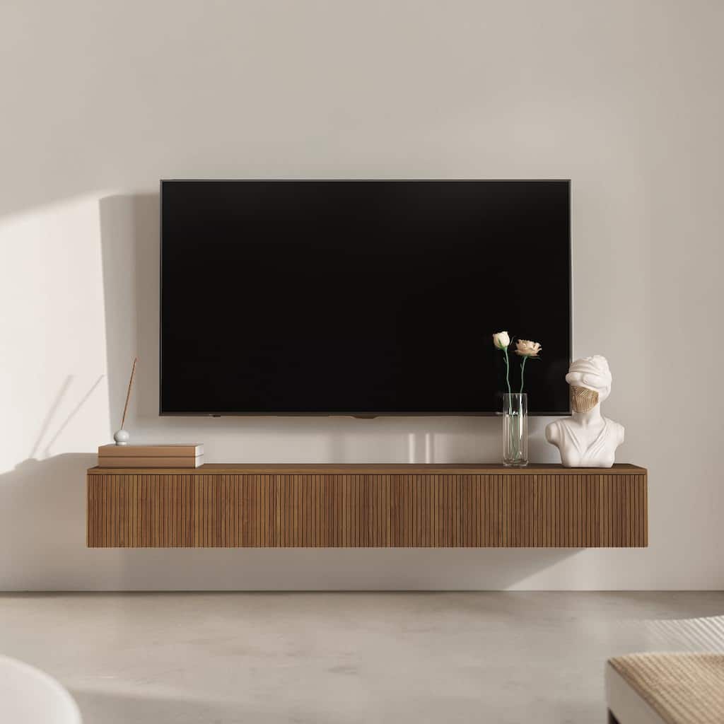 65" Floating TV Stand Wall Mounted with 16 Color LED Lights, Modern TV Cabinet for 55-65 Inch TVs