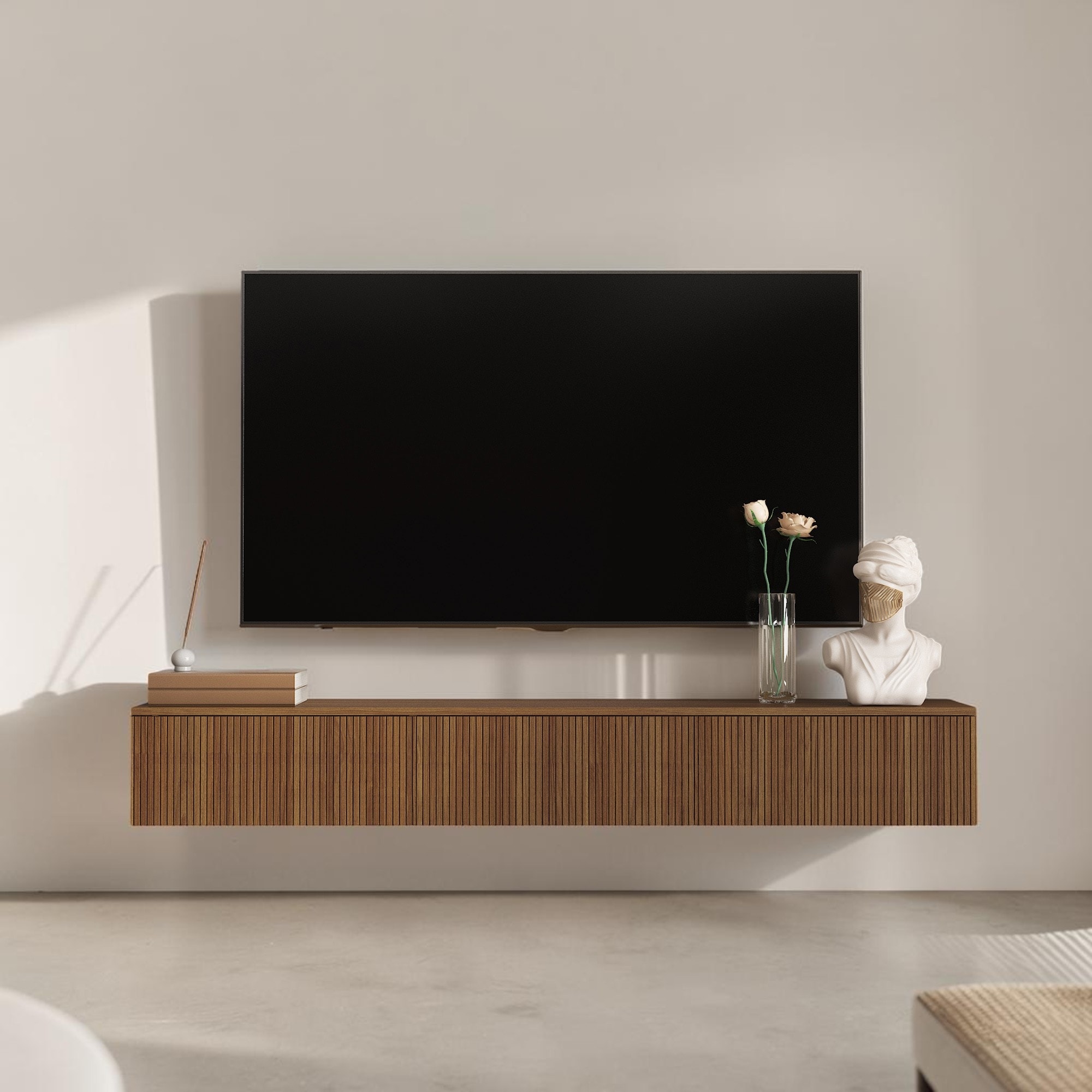 65" Floating TV Stand Wall Mounted with 16 Color LED Lights, Modern TV Cabinet for 55-65 Inch TVs