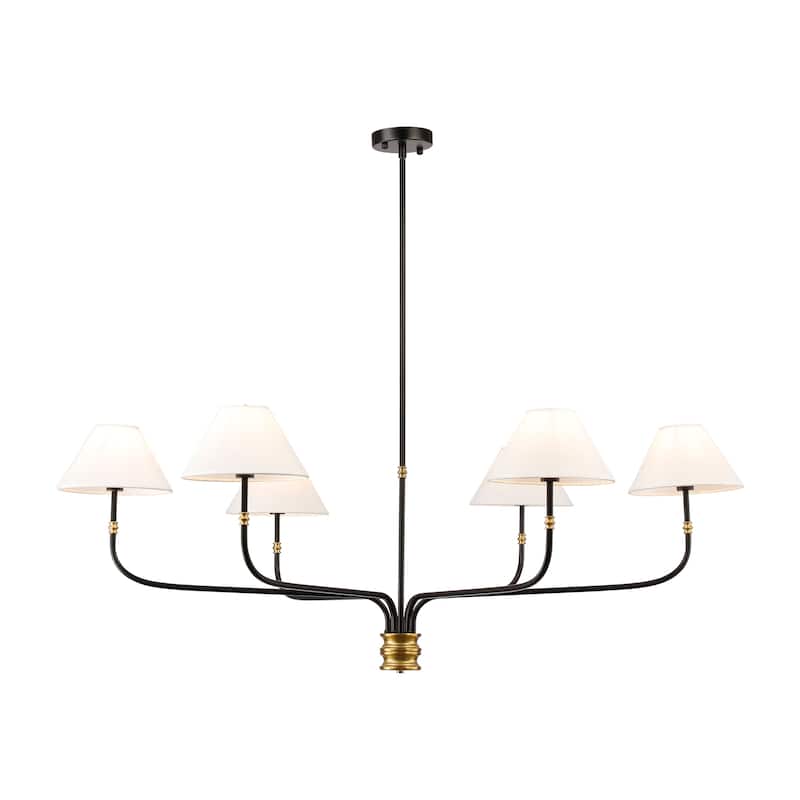 6-Light White Fabric Shade Chandelier- Black with Brushed Brass Accent