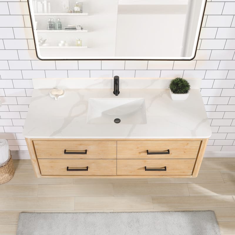 Cristo Floating Bath Vanity with White Quartz Stone Top and Mirror