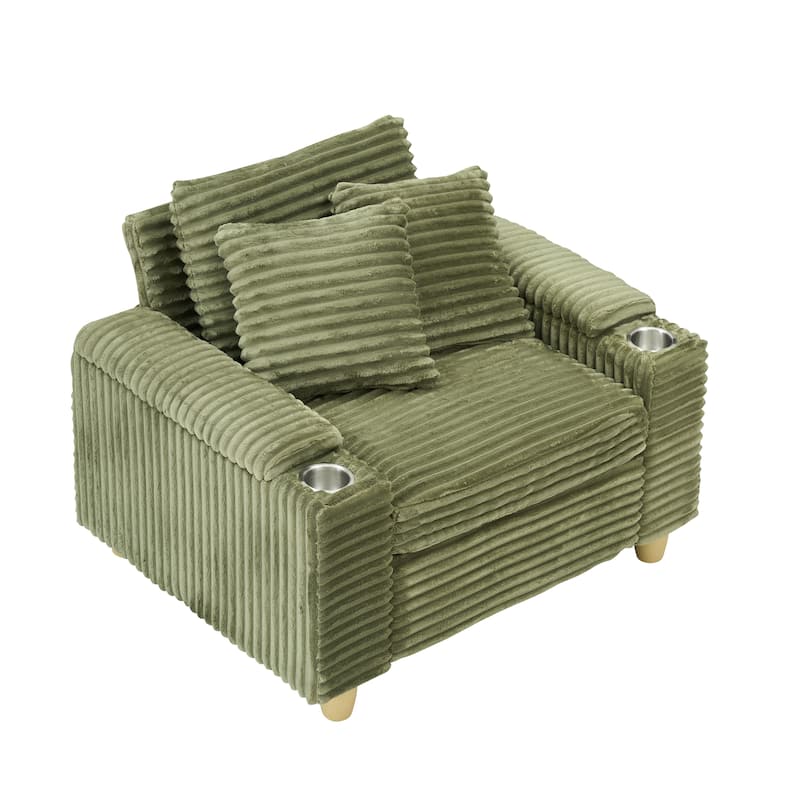 Corduroy Accent Chair & Storage Ottoman Set of 2, Single Sofa Armchair Lounge Chair with Pillows & Cup Holders