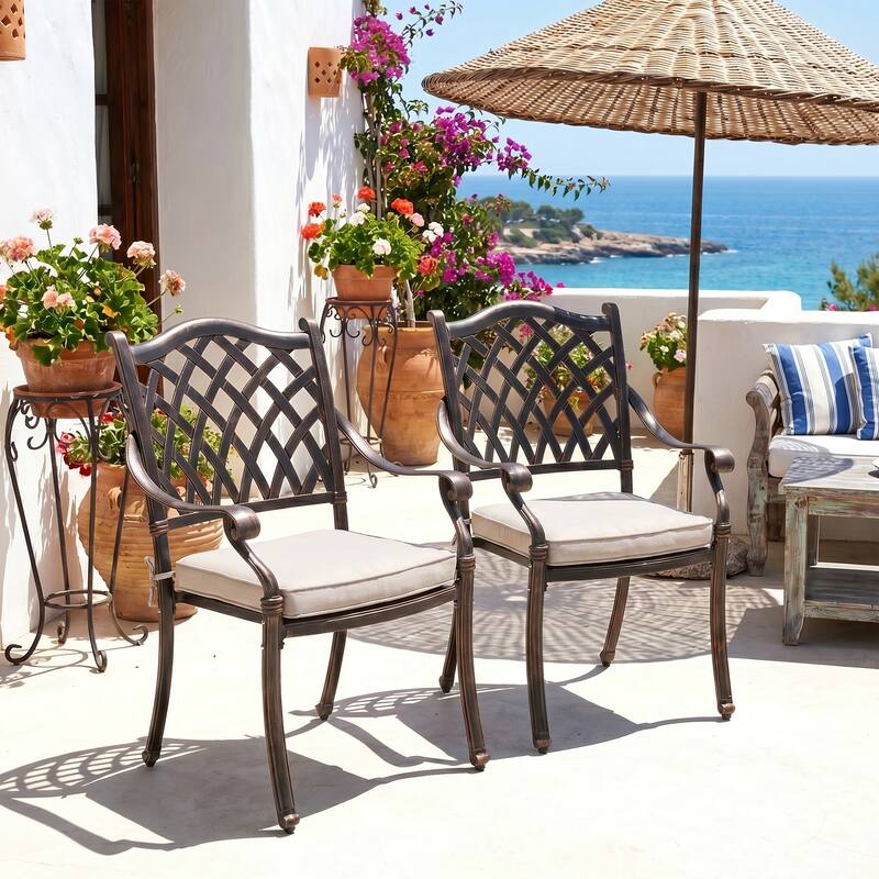 Outdoor Dining Chairs Bronze Cast Aluminum French European Inspired Design with Cushion Set of 2 - Beige