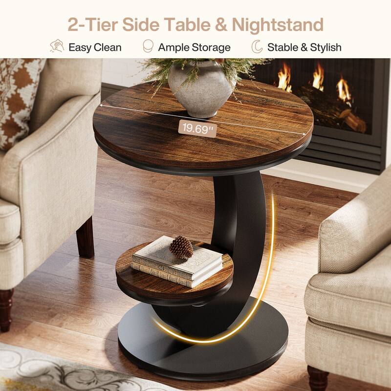 Round End Table, 2 Tiers Side Table with Storage Shelf