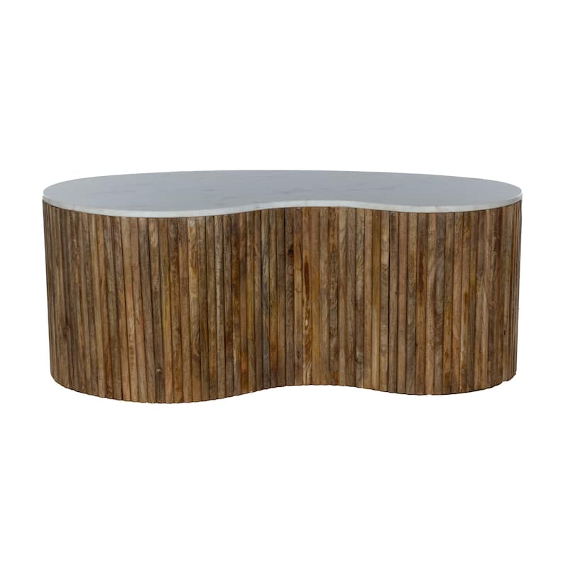 48" Curved Mango Wood Coffee Table with White Banswara Marble Top