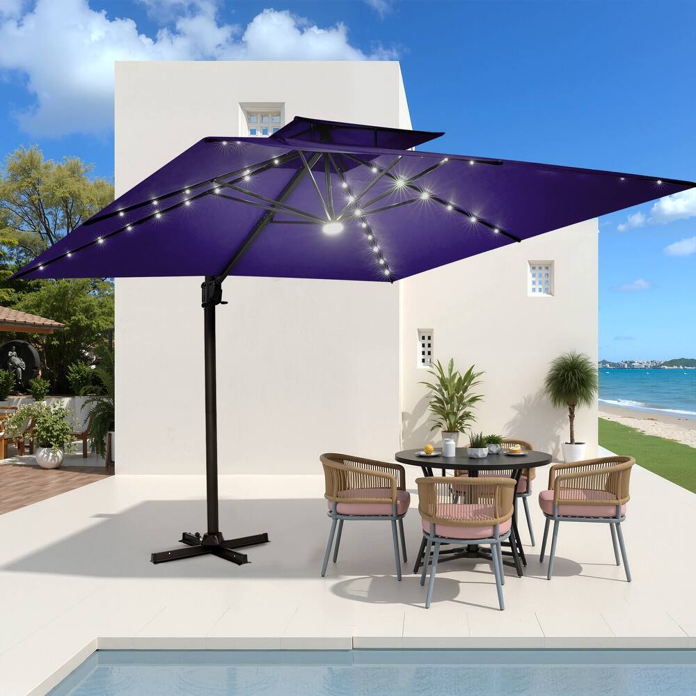 VredHom 9 x 11ft Outdoor Rectangular Dual Top Aluminum Cantilever Patio Umbrella LED Light