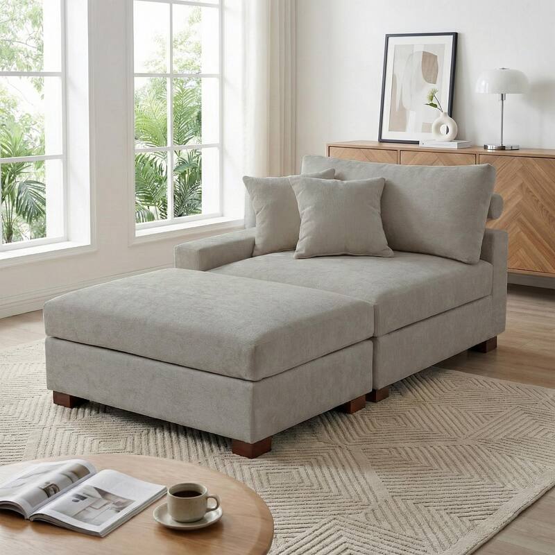 Modern Chenille Chaise Lounge Set with Ottoman - Lfet Facing - Grey