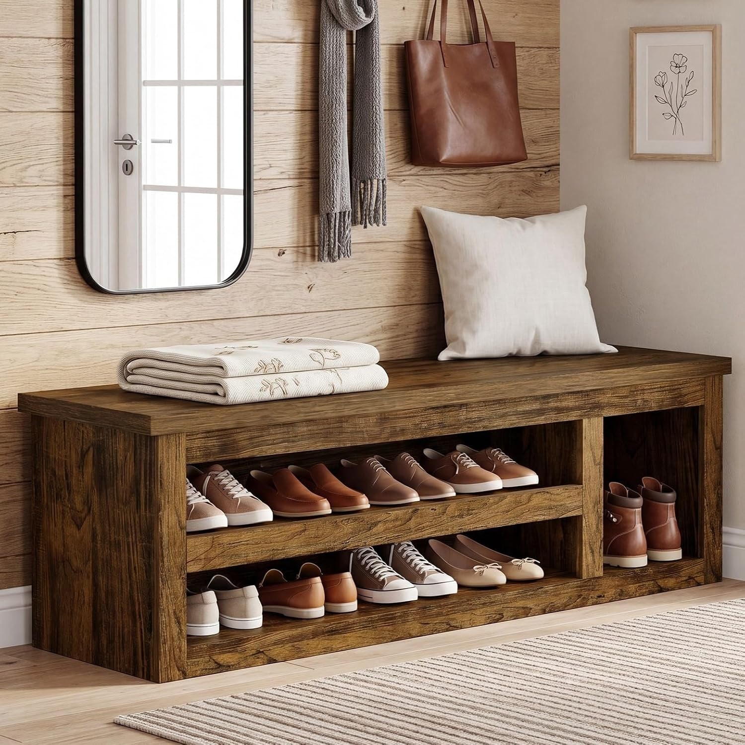 63" Shoe Storage Bench with 3-Tier Storage