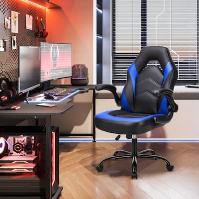 Ergonomic Gaming Office Chair, Adjustable PU Leather Executive Desk Chair with Flip-Up Armrests & Lumbar Support