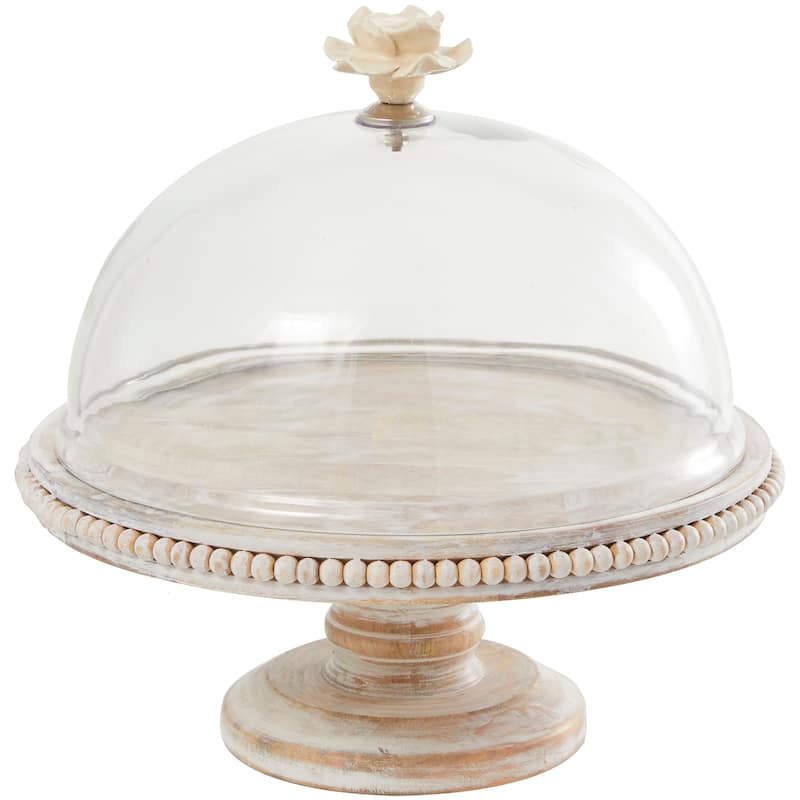 Mango Wood Cake Stand with Glass Dome - Cream - Roche River Decor - 12"W x 12"L x 12"H