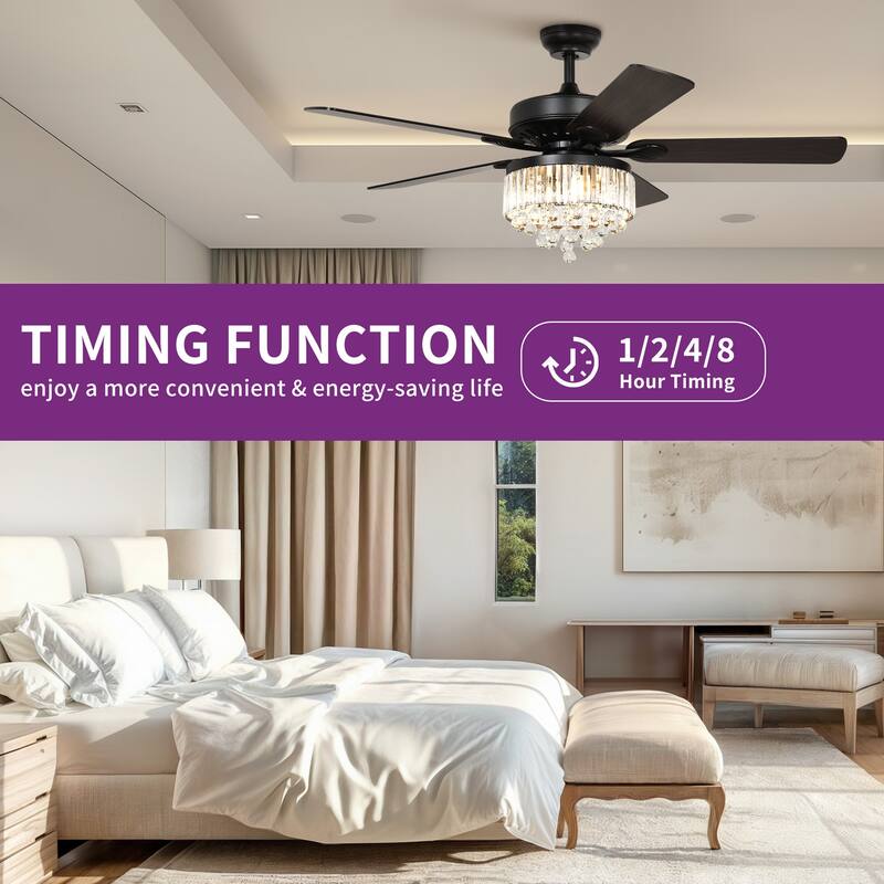 52'' Modern Crystal Ceiling Fan Chandelier with Light Kit and Remote
