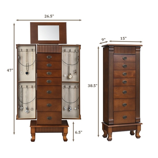 Costway Jewelry Cabinet Storage Chest Stand Organizer Necklace Wood - 14.8''(L) X9''(W) X38.6''(H)