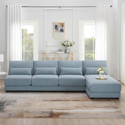 Blue 120" L-Shaped 4 Seater Sectional Sofa with Reversible Chaise and 4 Waist Pillow, Armless Design for Space-Saving Comfort