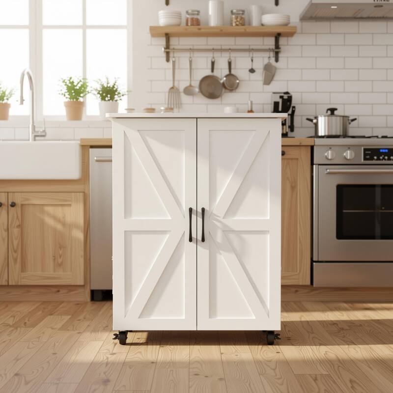 Homy Casa Kitchen Pantry Cabinet Barn Doors Wheels, White Storage