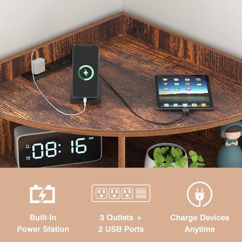 VECELO 4-Tier Adjustable Corner Bookshelf with Charging Station 3 AC Outlets & 2 USB Ports Waterproof Eco-Friendly Design