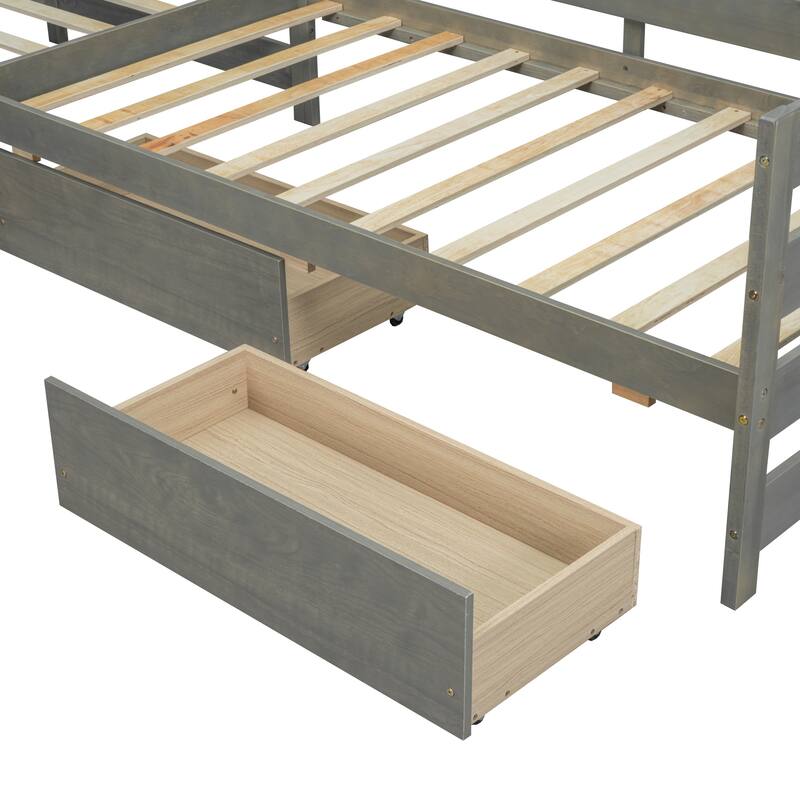 Twin Size L-shaped Platform Bed with Three Storage Drawers, Natural