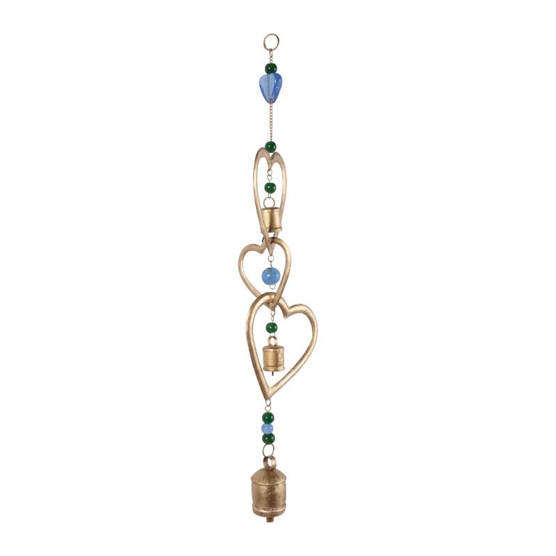 Glass Metal Bells and Windchimes Hearts Stars - 39" Gold/Blue - 7" x 2.5" x 39"
