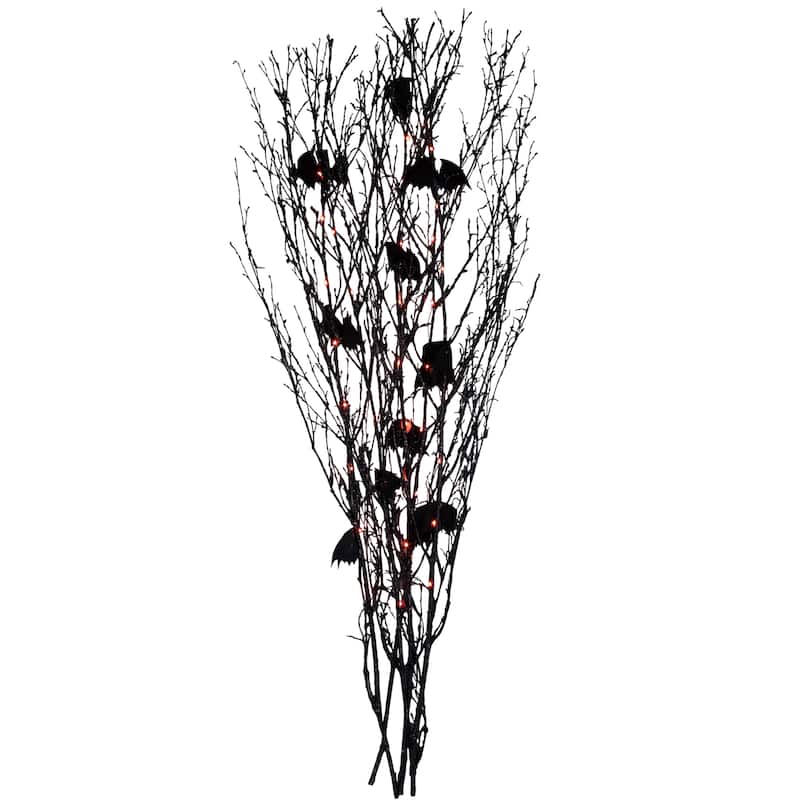 Lighted and Glittered Halloween Branch with Bats - 4' - Black - Orange LED Lights