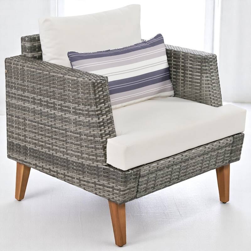 6-Piece PE Wicker Patio Furniture Set with Loveseat, Single Chairs, Ottomans, Cushions & Pillows, Coffee Table with Glass Top