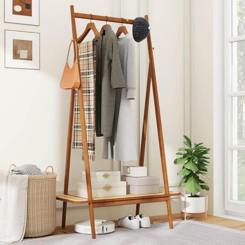 Costway Bamboo Clothes Rack Clothing Rack with Hanging Rod Rattan - See Details