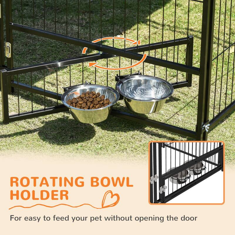 Black-Brown Metal Oxford Dog Playpen with Roof and Feeding Bowls - 55.2" L x 55.2" W x 60" H