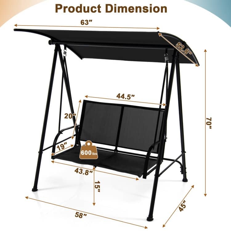 2-Seat Outdoor Canopy Swing with Comfortable Fabric Seat and Heavy-duty Metal Frame - 58" x 45" x 70"
