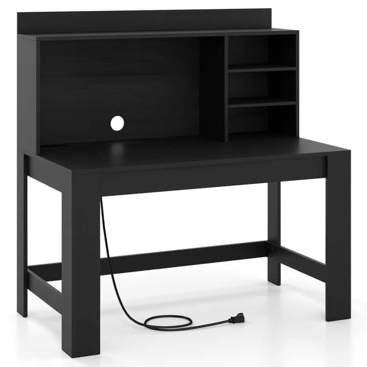 Modern White Computer Desk with Hutch & Charging Station 42.5'' MDF Workstation with USB - Black