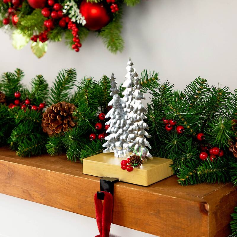 8.5" Silver Brown Metal Deer Trees Christmas Stocking Holder