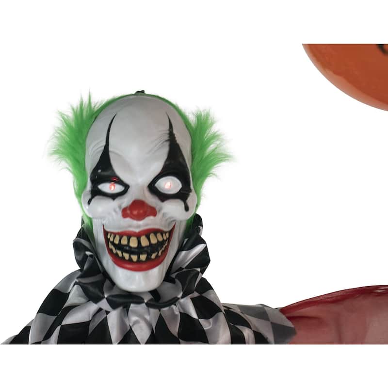 Haunted Hill Farm Life-Size Animatronic Clown, Indoor/Outdoor Halloween Decoration, Flashing Red Eyes, Poseable, Battery