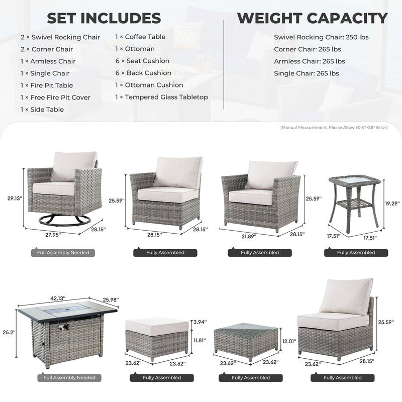 HOOOWOOO 10-piece Wicker Patio Furniture Outdoor Sectional Sofa Set with Fire Pit