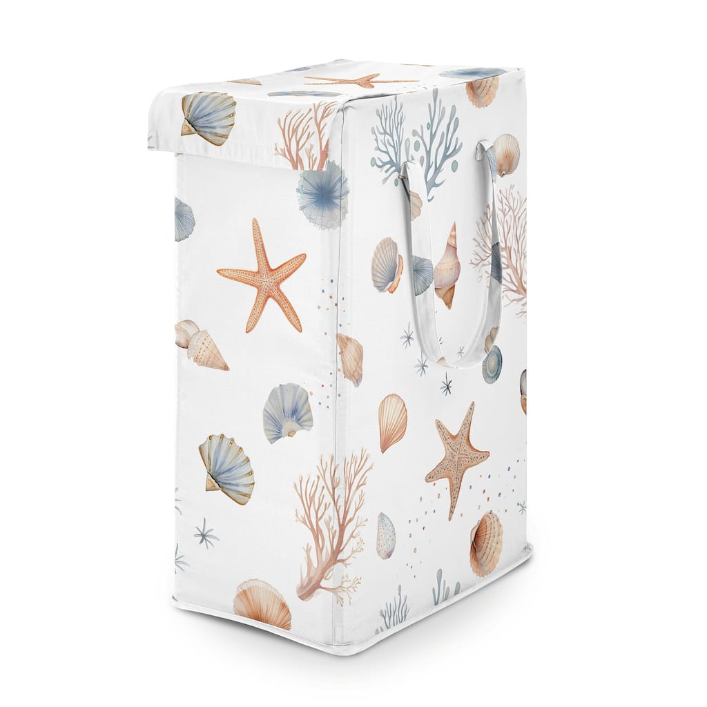 Sweet Jojo Designs Ocean Seashells Boy, Girl, Unisex/Gender Neutral Foldable Laundry Hamper with Handles - Nautical, Beach Theme