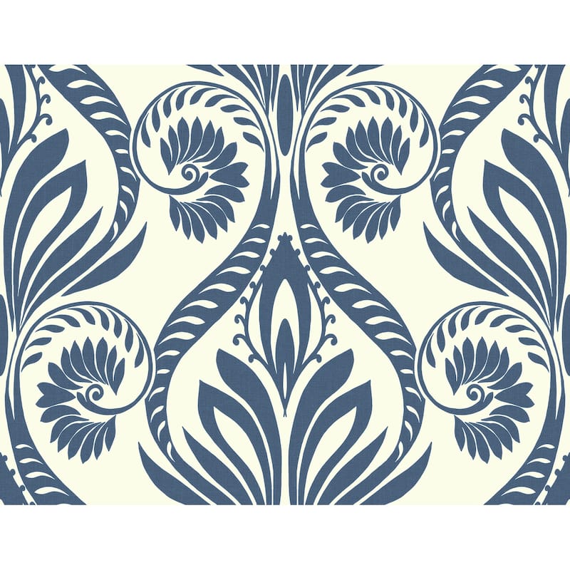 Seabrook Designs Bonaire Damask Unpasted Wallpaper - 27 in. W x 27 ft. L - Navy and White