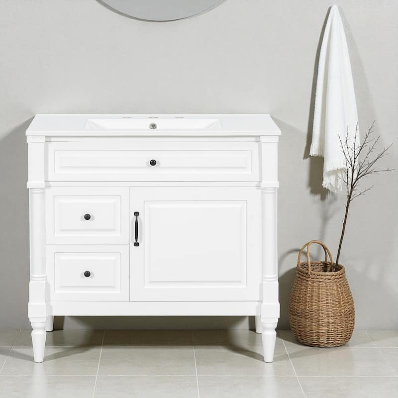 Modern 36-Inch Bathroom Vanity with Sink, Rubberwood and MDF Cabinet, Flip Drawer, Adjustable Shelf, and Storage Drawers