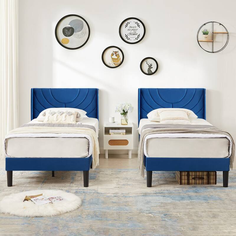 Kids Bed Frame, Height Adjustable Upholstered Bed, Twin Size Bed Set of 2