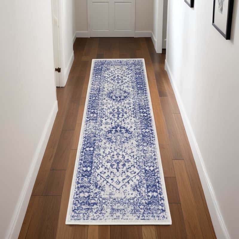 Power Loomed Distressed Geometric Abstract Modern Non Skid Stain Resistant Area Rug - 96' X '24' X '0.39 - 96' X '24' X '0.39 - Oxford Blue - Runner