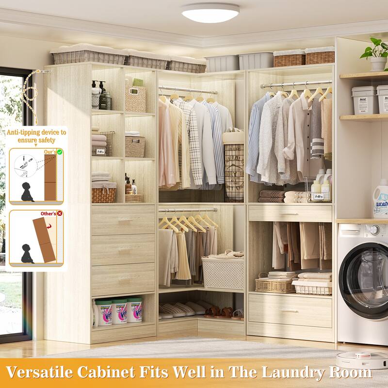 Qvella Corner Closet System with 4 Wooden Drawers & Hanging Rods & Pants Rack, Walk-in Closet Organizer System with Shoe Storage