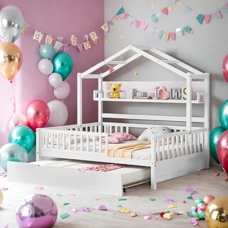 Full Size Wooden House Bed Kids Bed with Twin Size Trundle and Shelf