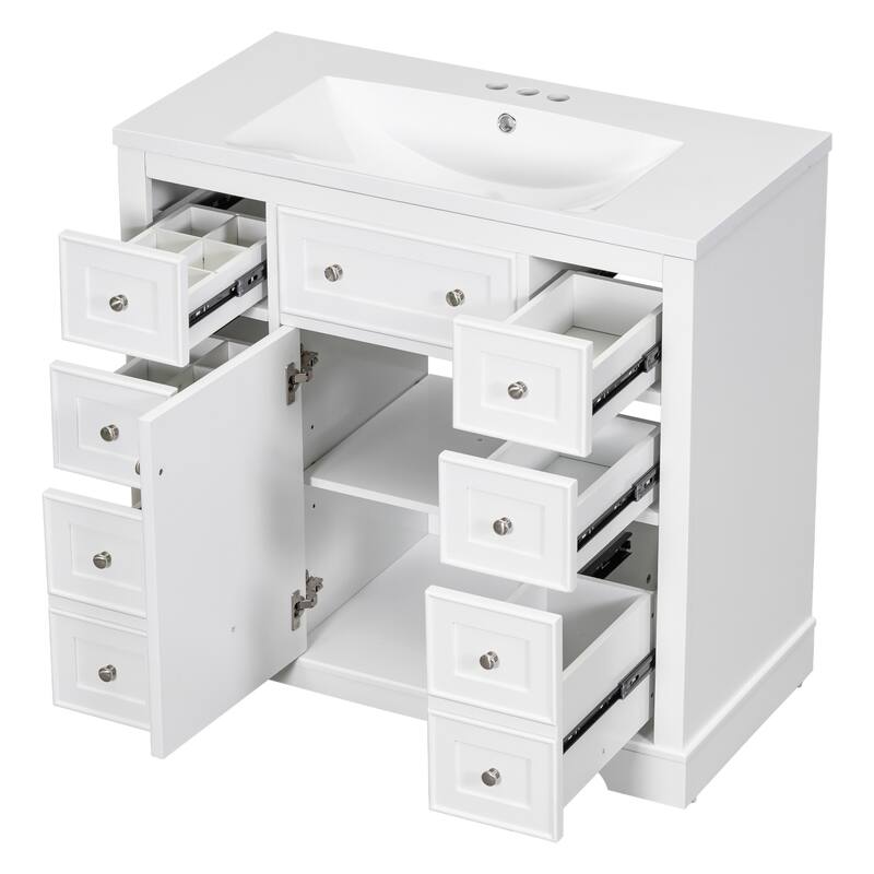 36" Bathroom Vanity with Six Drawers, White