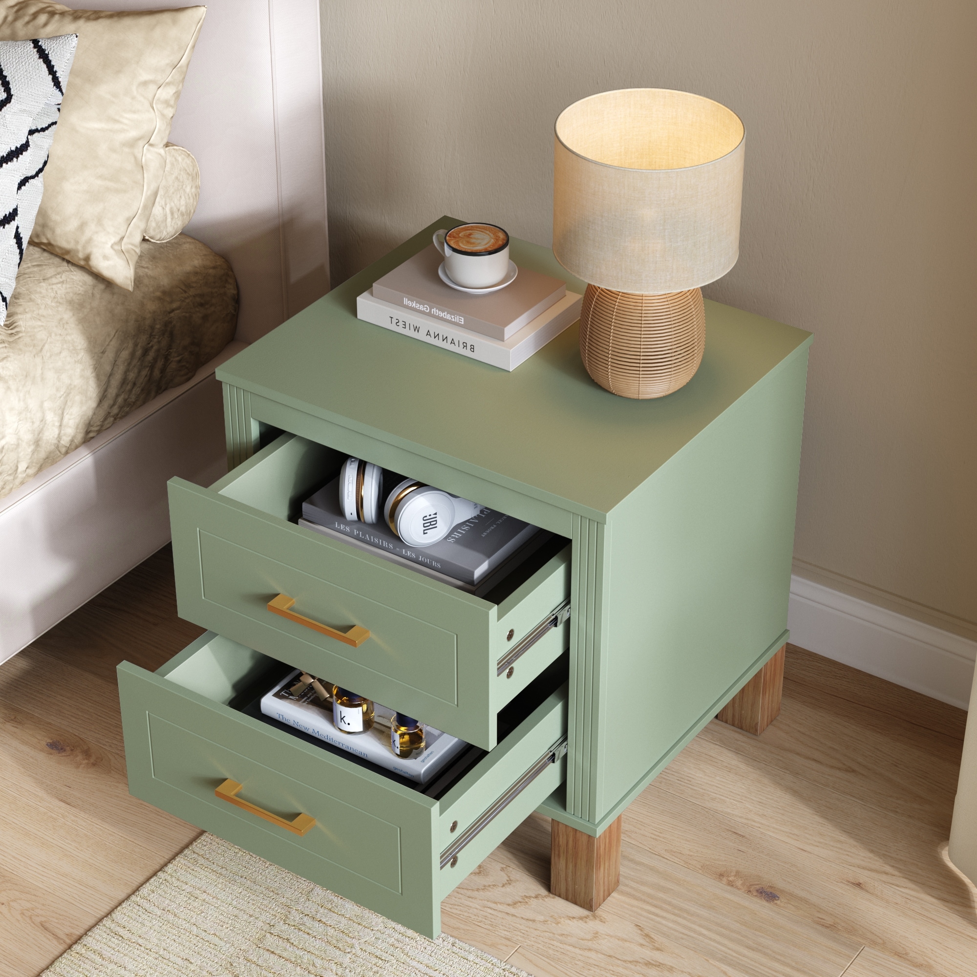 2 Drawer Nightstand,Solid Wood Legs Nightstand with Metal Handle