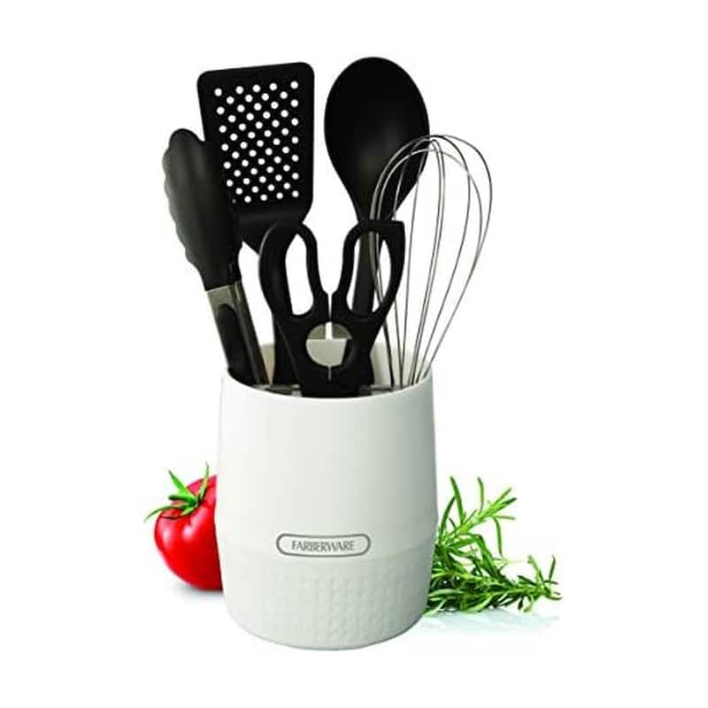 Farberware Classic Crock with Knife Holder and Tools - 13-Inch - White, Black - 13-Inch