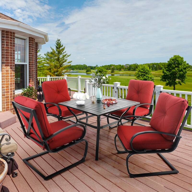5-Piece Patio Dining Set, 4 Metal Spring Motion Dining Chairs and 1 Square Table with 1.57" Umbrella Hole